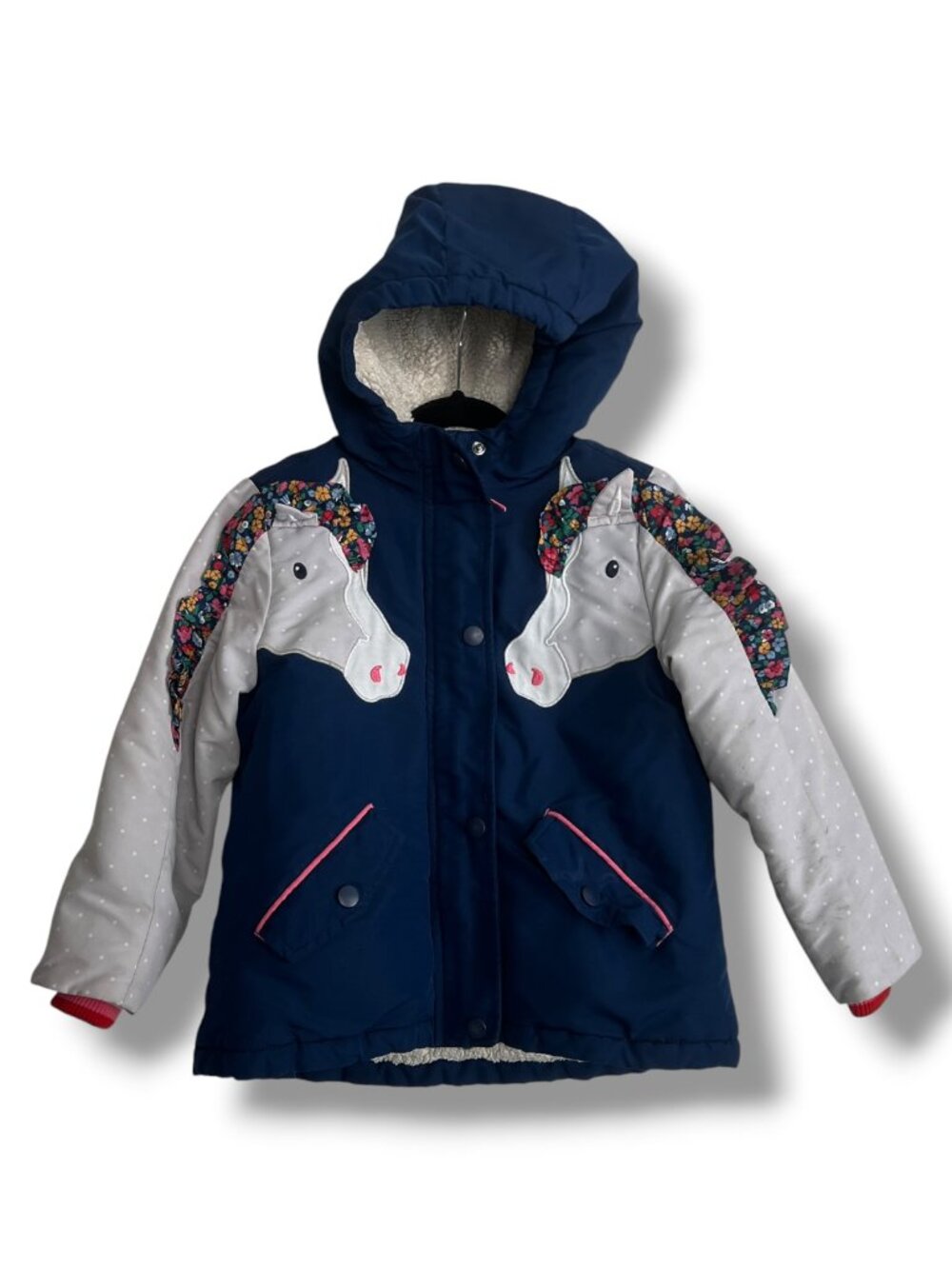Mini Boden Girls' Sherpa Lined Hooded Anorak Coat Jacket College Navy Horse 4-5Y